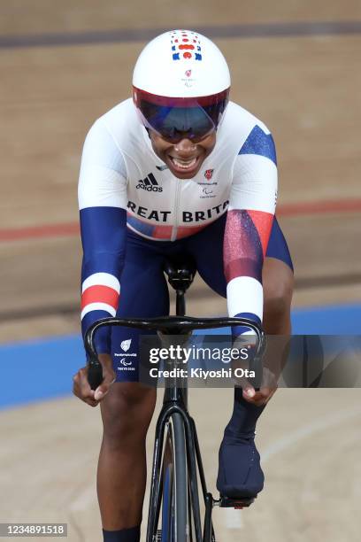 Kadeena Cox of Team Great Britain reacts after competing in the Track Cycling Women's C4-5 500m Time Trial on day 3 of the Tokyo 2020 Paralympic...