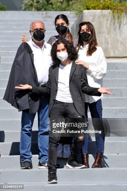 Enrique Singer, Rocio de la Mañana , Ricardo Gonzalez, Fabiana Perzabal pose for photos during the filming set of the start filming of Goy , at...