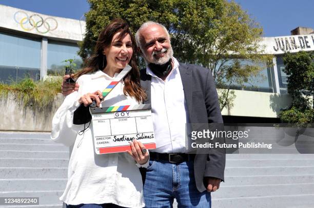 Actress Fabiana Perzabal and Actor Enrique Singer pose for photos during the filming set of the start filming of Goy , at esplanade of the Juan de la...