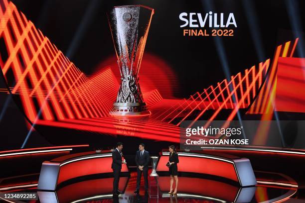 Ambassador and former Spanish footballer Andres Palop brings the Europa League Trophy during the ceremony prior to the draw for the UEFA Europa...