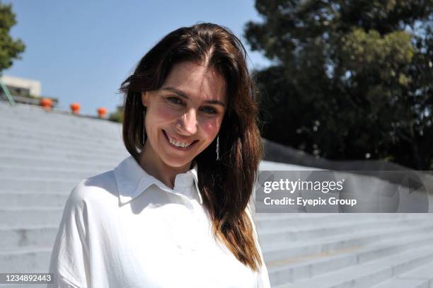 Actress Fabiana Perzabal poses for photos during the filming set of the start filming of Goy , at esplanade of the Juan de la Barrera Olympic Gym on...