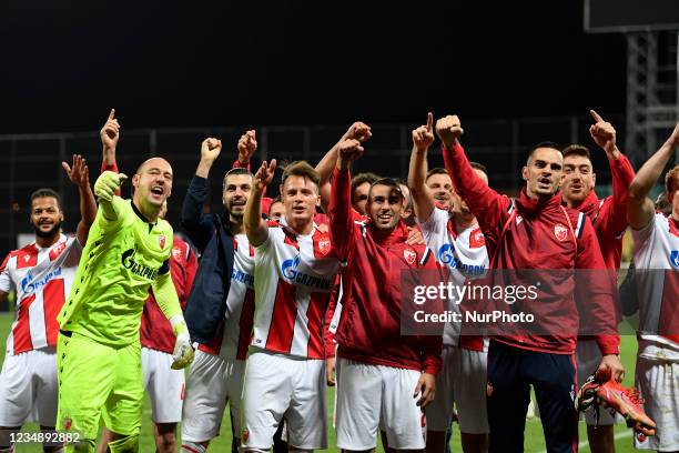 Players of Crvena Zvezda celebrating victory after the game CFR Cluj vs FK Crvena zvezda, Romanian Liga 1, Dr. Constantin Radulescu Stadium,...