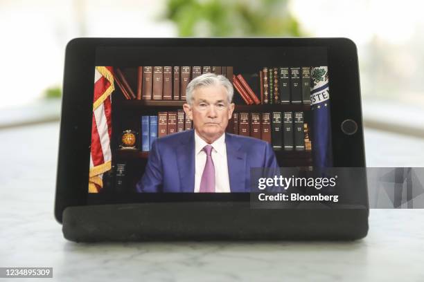Jerome Powell, chairman of the U.S. Federal Reserve, pauses while speaking virtually during the Jackson Hole economic symposium in Tiskilwa,...