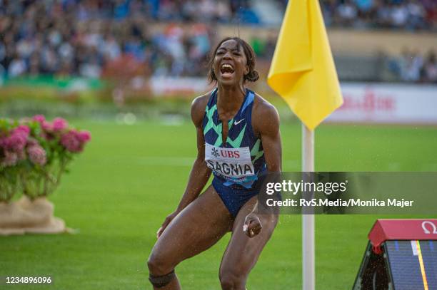 Khaddi Sagnia of Sweden in Long Jump Women reacts during the Diamond League athletics meeting Athletissima at Stade Olympique Pontaise on August 26,...