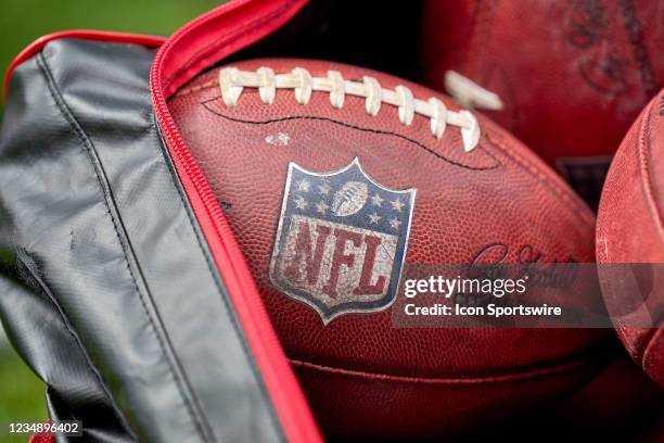 Detail view of the NFL crest logo is seen on a Wilson football during a preseason game between the Chicago Bears and the Buffalo Bills on August 21,...