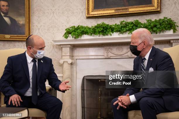 President Joe Biden meets with Israeli Prime Minister Naftali Bennett in the Oval Office at the White House on August 27, 2021 in Washington, DC....