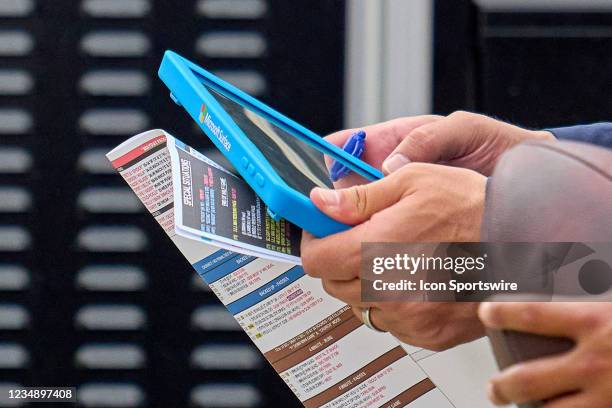 Detail view of a Microsoft Surface tablet is seen being used for reviewing plays during a preseason game between the Chicago Bears and the Buffalo...