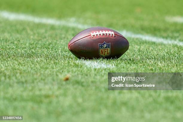 Detail view of the NFL crest logo is seen on a Wilson game football during a preseason game between the Chicago Bears and the Buffalo Bills on August...