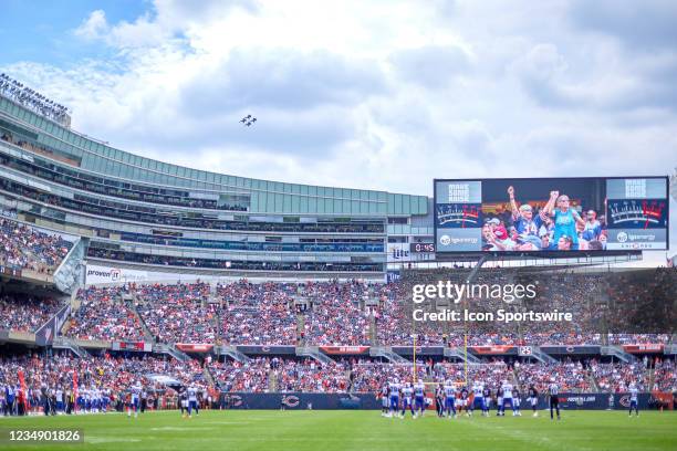 Detail view of Soldier Field is seen as fans watch from the stands and as the Blue Angels perform during the Chicago Air and Water Show during a...