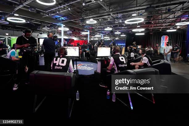 Shotz and SlayIsland of the NetsGC look on during the game against the Hornets Venom GT during the 2021 NBA 2K League Playoffs on August 27, 2021 in...