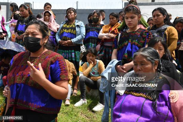 Indigenous women protest blocking a road preventing the car transporting Mexican President Andres Manuel Lopez Obrador from going through in San...