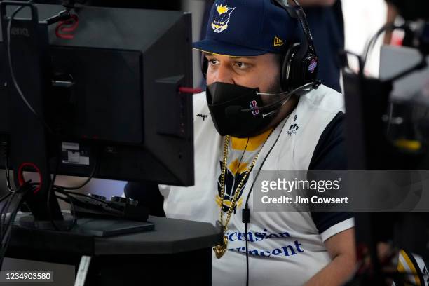 WoLF of Pacers Gaming looks on during the game against Jazz Gaming during the 2021 NBA 2K League Playoffs on August 27, 2021 in Dallas, Texas at the...