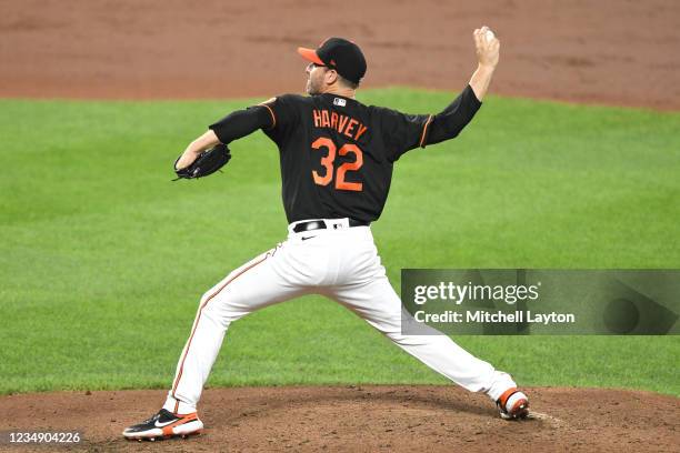 Matt Harvey of the Baltimore Orioles pitches in the second inning during a baseball game against the Tampa Bay Rays at Oriole Park at Camden Yards on...