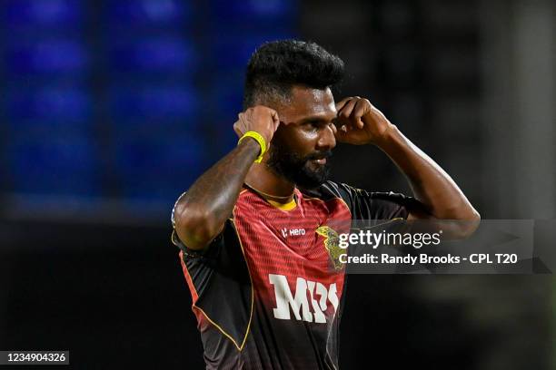 Isuru Udana of Trinbago Knight Riders celebrates the dismissal of Thisara Perera of Barbados Royals during the 2021 Hero Caribbean Premier League...