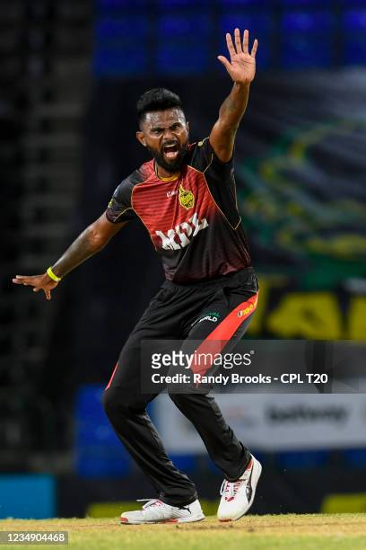Isuru Udana of Trinbago Knight Riders appeals for lbw during the 2021 Hero Caribbean Premier League match 4 between Trinbago Knight Riders and...