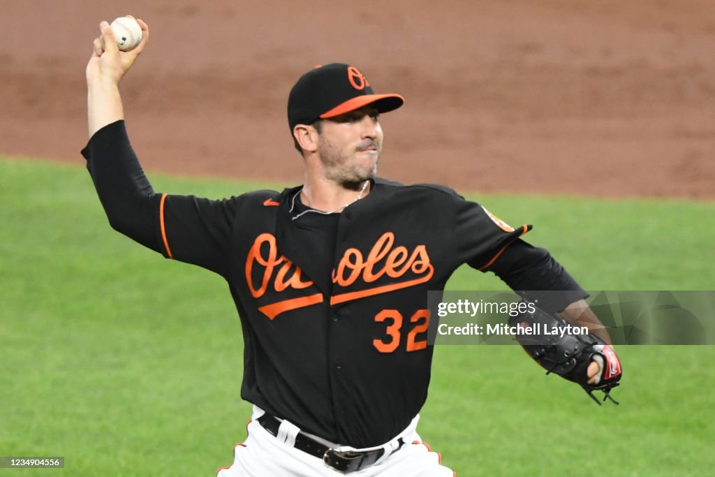 Matt Harvey of the Baltimore Orioles pitches in the first inning
