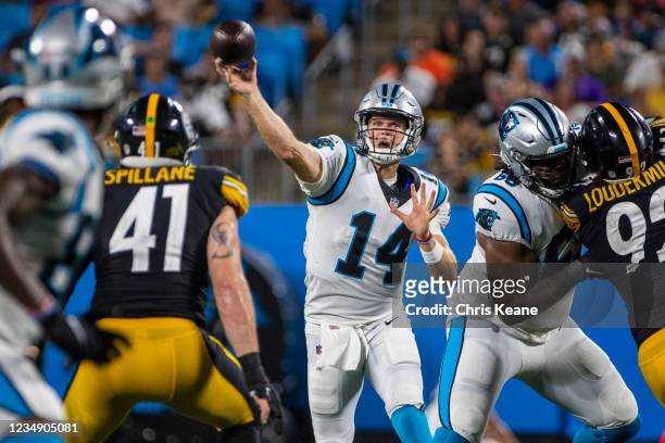 Sam Darnold of the Carolina Panthers throws a pass against the Pittsburgh Steelers during the first half of an NFL preseason game at Bank of America...