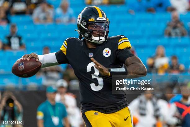 Dwayne Haskins of the Pittsburgh Steelers looks to pass against the Carolina Panthers during the first half of an NFL preseason game at Bank of...