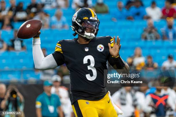 Dwayne Haskins of the Pittsburgh Steelers looks to pass against the Carolina Panthers during the first half of an NFL preseason game at Bank of...