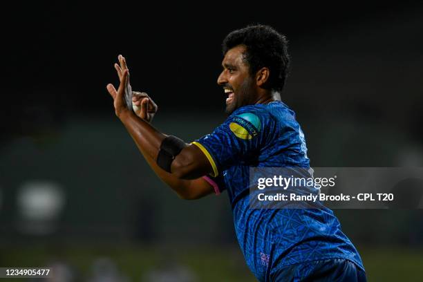 Thisara Perera of Barbados Royals celebrates taking the catch to dismiss Sunil Narine of Trinbago Knight Riders during the 2021 Hero Caribbean...