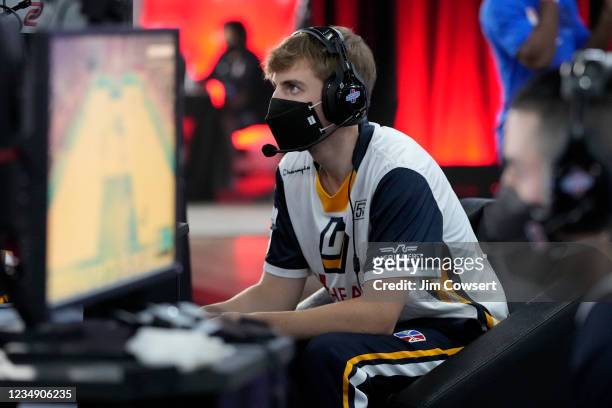 Of the Jazz Gaming looks on during the game against the Pacers Gaming during the 2021 NBA 2K League Playoffs on August 27, 2021 in Dallas, Texas at...