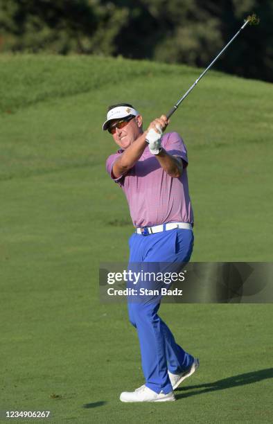 Robert Allenby plays a shot on the ninth hole during the first round of The Ally Challenge at Warwick Hills Golf and Country Club on August 27, 2021...