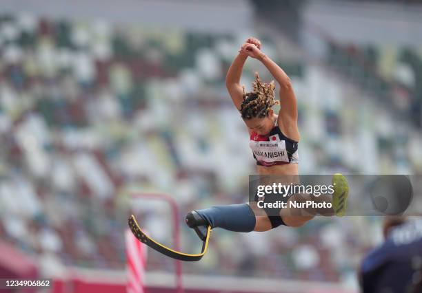 Maya Nakanishi from Japan at long jump during athletics at the Tokyo Paralympics, Tokyo Olympic Stadium, Tokyo, Japan on August 28, 2021.