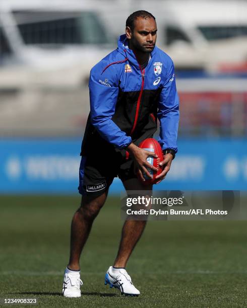 Development Coach Travis Varcoe of the Bulldogs is seen during the Western Bulldogs training session at Whitten Oval on August 28, 2021 in Melbourne,...