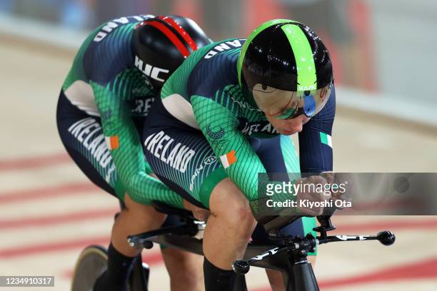 Katie-George Dunlevy and pilot Eve McCrystal of Team Ireland compete in the women's B 3000m Individual pursuit track cycling on day 4 of the Tokyo...