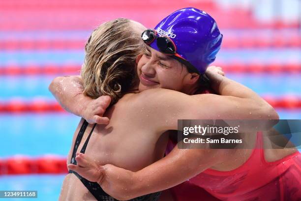 Tokyo , Japan - 28 August 2021; Jessica Long of USA, left, is congratulated by Laura Carolina Gonzalez Rodriguez of Columbia after winning the...