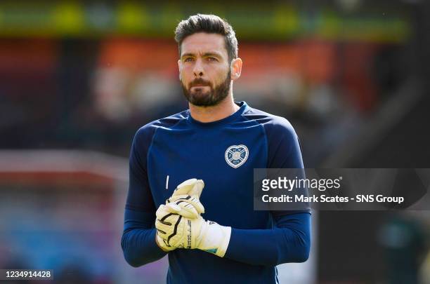 Hearts' Craig Gordon ahead of kick off during a cinch Premiership match between Dundee United and Hearts at Tannadice, on August 28 in Dundee,...