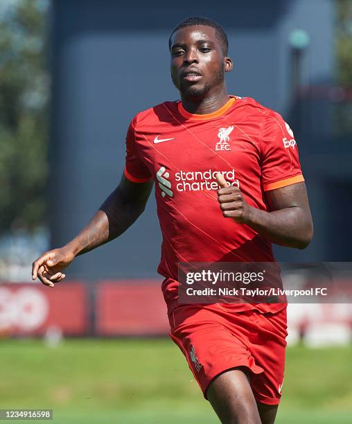 Sheyi Ojo of Liverpool in action during the PL2 game at AXA Training Centre on August 28, 2021 in Kirkby, England.