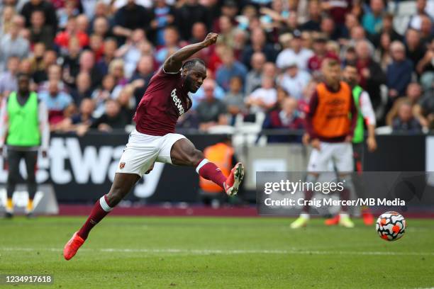 Michail Antonio of West Ham United scores his side's second goal during the Premier League match between West Ham United and Crystal Palace at London...