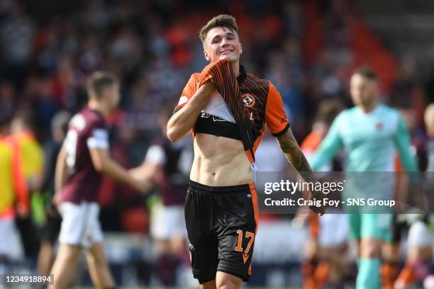 Dundee United's Jamie Robson at full time during a cinch Premiership match between Dundee United and Hearts at Tannadice, on August 28 in Dundee,...