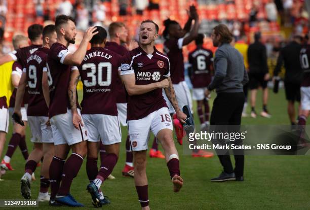 Hearts' Andy Halliday celebrates at full time during a cinch Premiership match between Dundee United and Hearts at Tannadice, on August 28 in Dundee,...