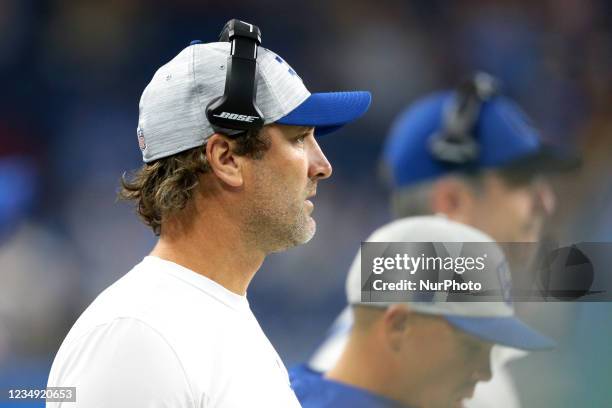 Indianapolis Colts wide receivers coach Mike Groh is seen during the first half of the preseason NFL football game against the Detroit Lions in...