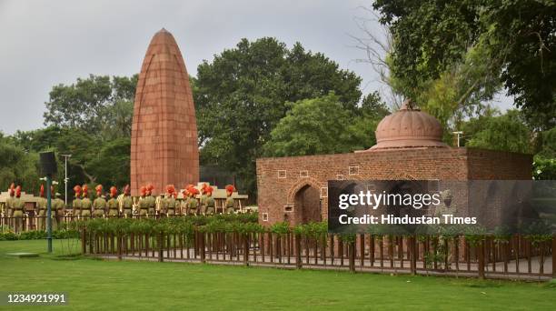 Indian Border Security Force personnel pay tribute to the martyrs of Jallianwala Bagh massacre, on August 28, 2021 in Amritsar, India. Museum...