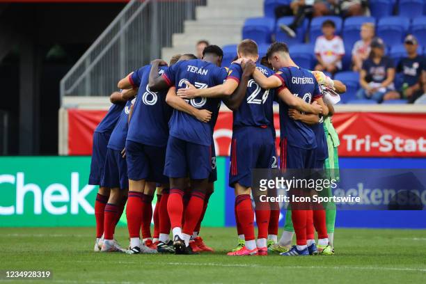 Chicago Fire starting 11 huddle prior to the Major League Soccer game between the New York Red Bulls and the Chicago Fire on August 28,2021 at Red...