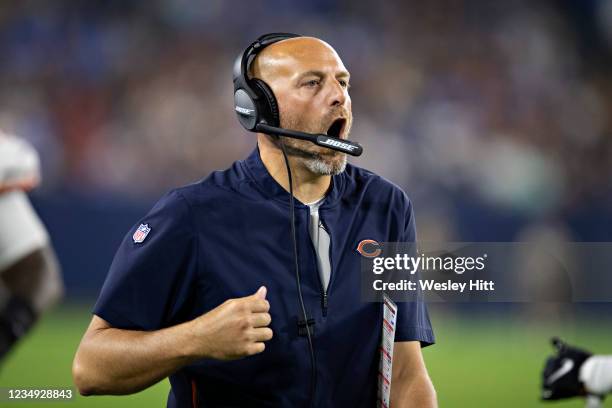 Head Coach Matt Nagy of the Chicago Bears on the sidelines during an NFL preseason game against the Tennessee Titans at Nissan Stadium on August 28,...