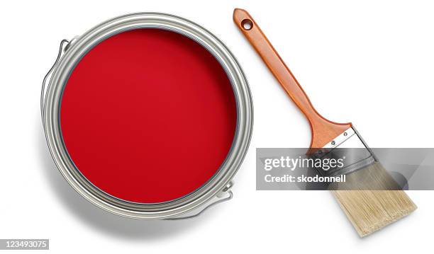 ペイントブラシは、赤 - ペンキ缶 ストックフォトと画像