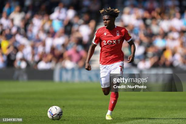 Alex Mighten of Nottingham Forest in action during the Sky Bet Championship match between Derby County and Nottingham Forest at the Pride Park, Derby...