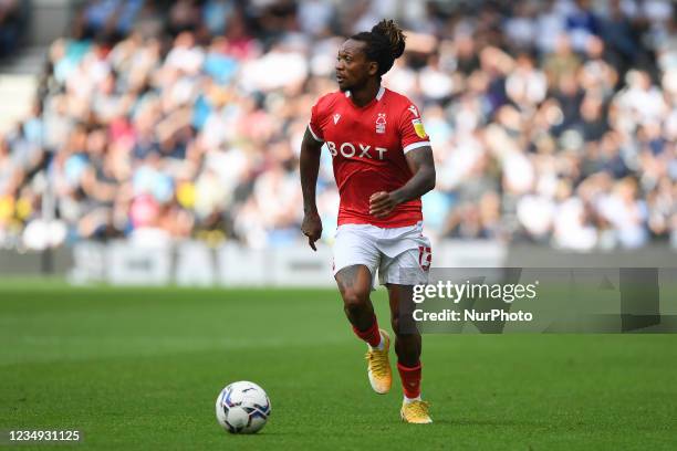 Gaetan Bong of Nottingham Forest during the Sky Bet Championship match between Derby County and Nottingham Forest at the Pride Park, Derby on...