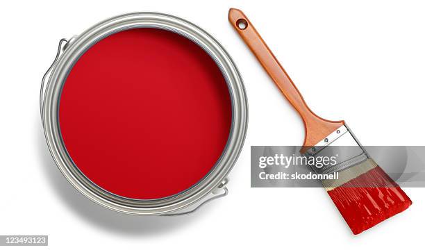 red paint can and brush - brushes stock pictures, royalty-free photos & images