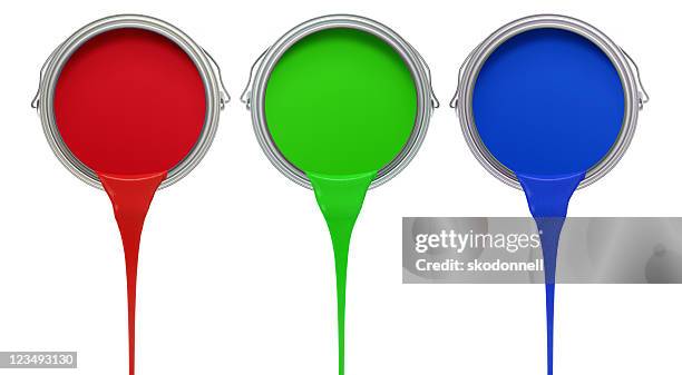 red green blue paint dripping out of can xxl - metal bucket stock pictures, royalty-free photos & images