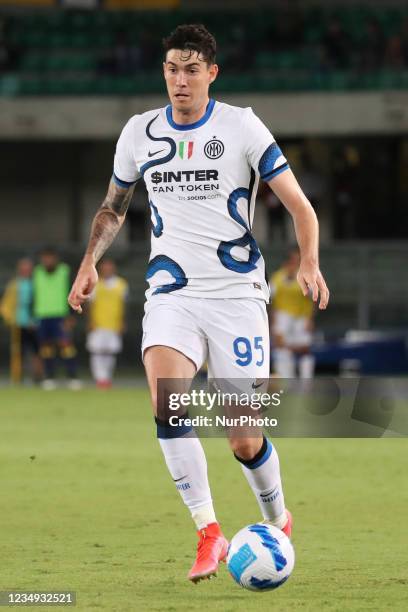 Alessandro Bastioni of FC Internazionale in action during the Serie A match between Hellas Verona and FC Internazionale at Stadio Marcantonio...