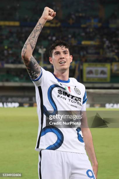 Alessandro Bastioni of FC Internazionale celebrates the win at end of the Serie A match between Hellas Verona and FC Internazionale at Stadio...