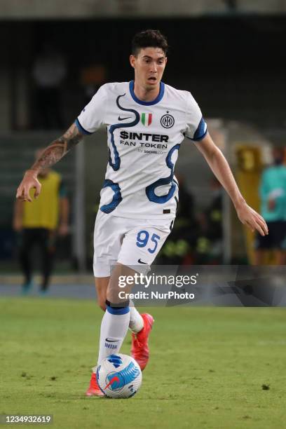 Alessandro Bastioni of FC Internazionale in action during the Serie A match between Hellas Verona and FC Internazionale at Stadio Marcantonio...