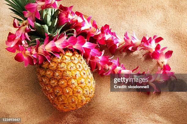 lei on pineapple at the beach - hawaiian lei stockfoto's en -beelden