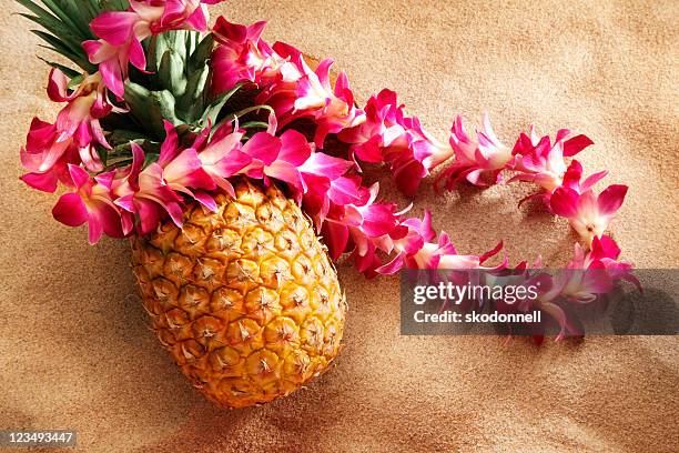lei on pineapple at the beach - 夏威夷大島 個照片及圖片檔