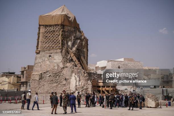 August 2021, Iraq, Mosul: A view of the al-Nuri mosque compound, where the Islamic State caliphate was proclaimed in 2014, during a visit by French...